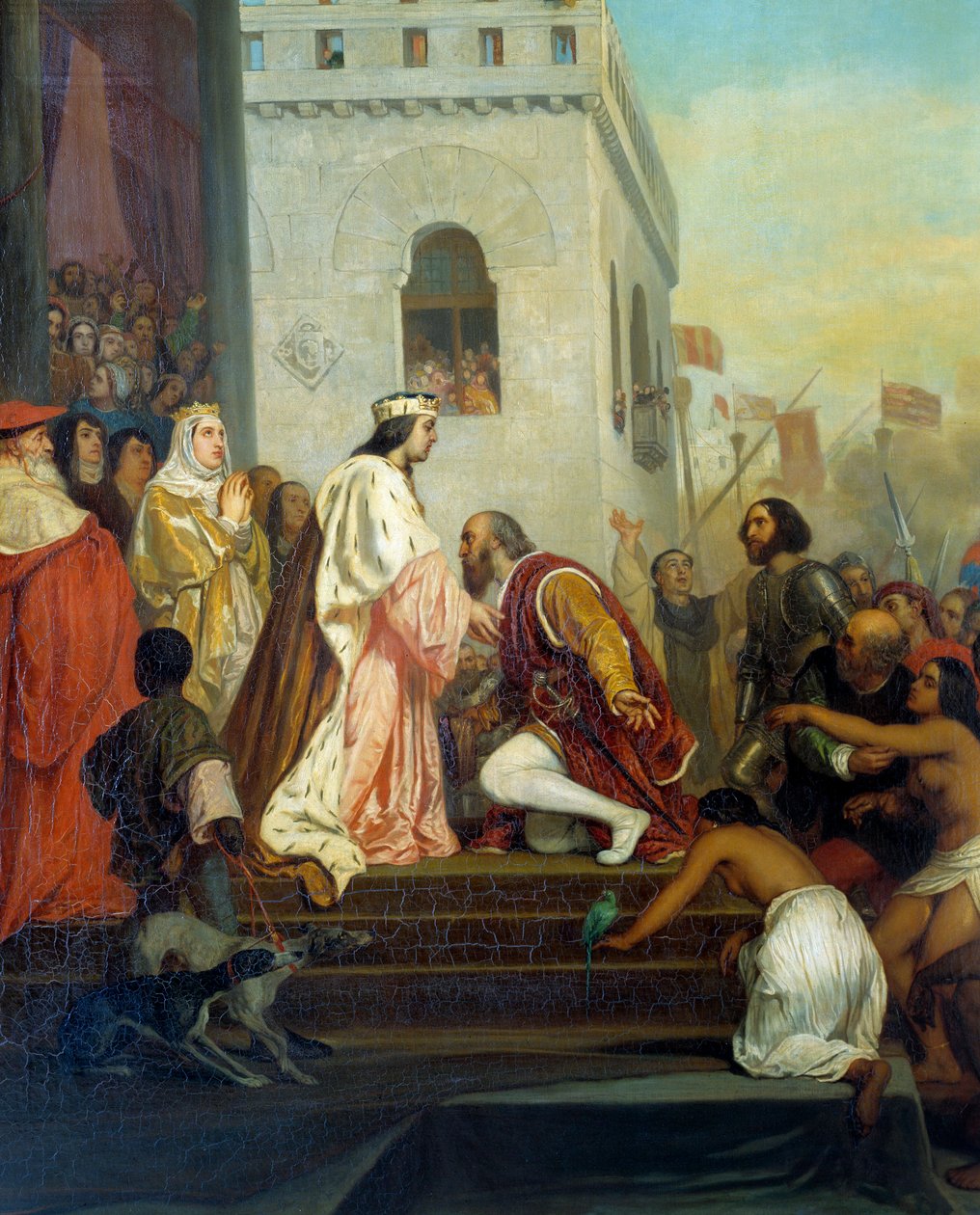 Espanjan kuninkaiden Ferdinand II Aragonia ja Isabella 1. Kastilia (kutsutaan katoliseksi) vastaanotto Christopher Kolumbuksen (1451-1506) Barcelonassa vuonna 1493 Tutkija palaa vangittujen intiaanien kanssa. Yksityiskohta. Joseph Nicolas Robert Fleuryn ma tekijältä Joseph Nicolas Robert Fleury