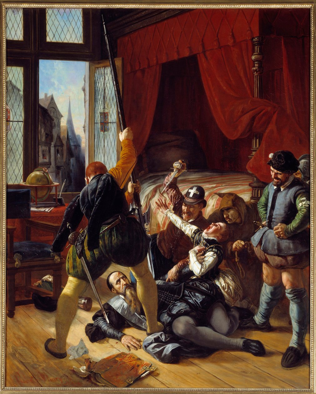Uskonsota: "" Scene de la Saint Barthelemy, Brioun, Contin prinssin kuvernöörin salamurha, 24.08.1572"" Joseph Nicolas Robert Fleuryn (1797-1890) maalaus 1833 Su. 1,64x1,3 m tekijältä Joseph Nicolas Robert Fleury