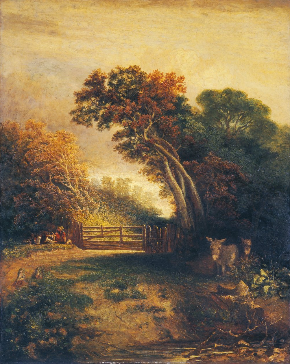 Maisema piknikereiden ja aasien kanssa portin luona, c. 1830-1880. tekijältä Joseph Paul