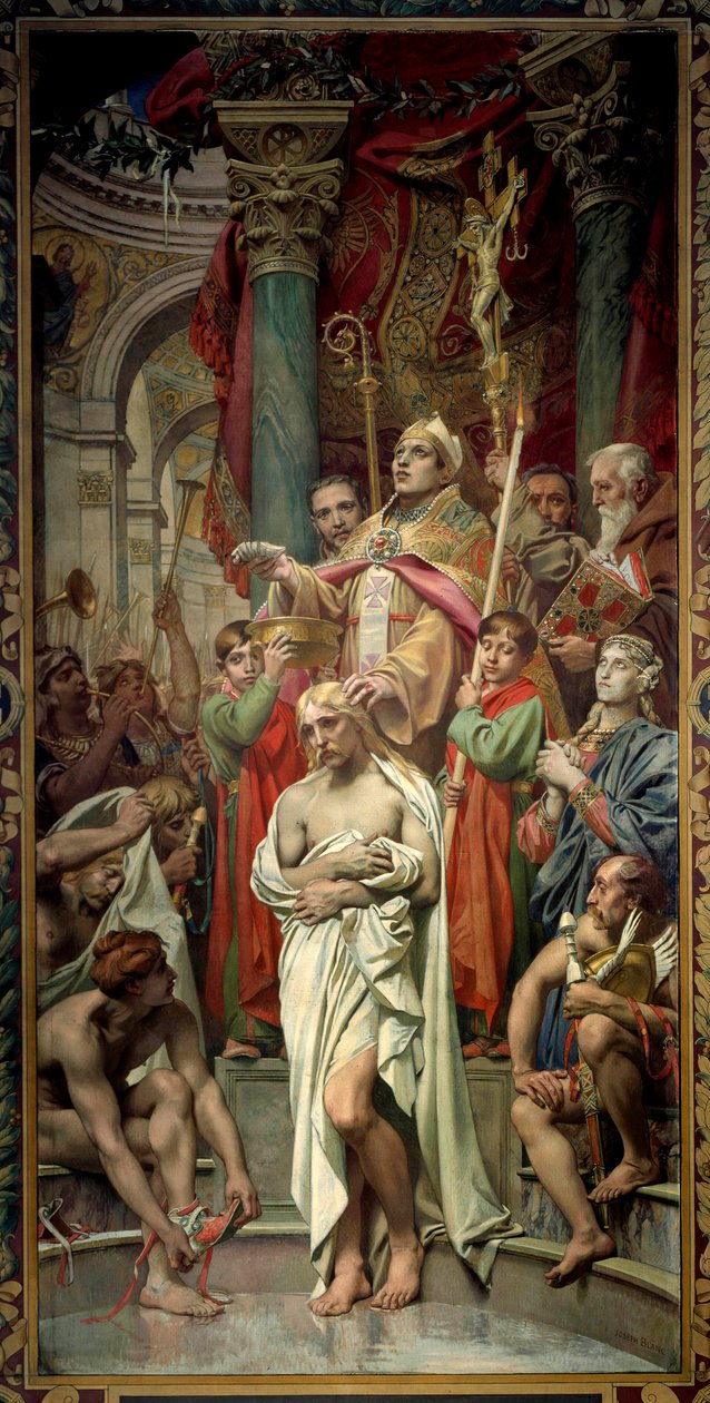 Frankin kuninkaan Clovis I:n (466-511) kaste Reimsissä Eveque Saint Remin toimesta 25.12.496 (tai 499). Joseph Blancin (1846-1904) maalaus 1800-luvun Pariisi, Pantheon tekijältä Joseph Paul Blanc