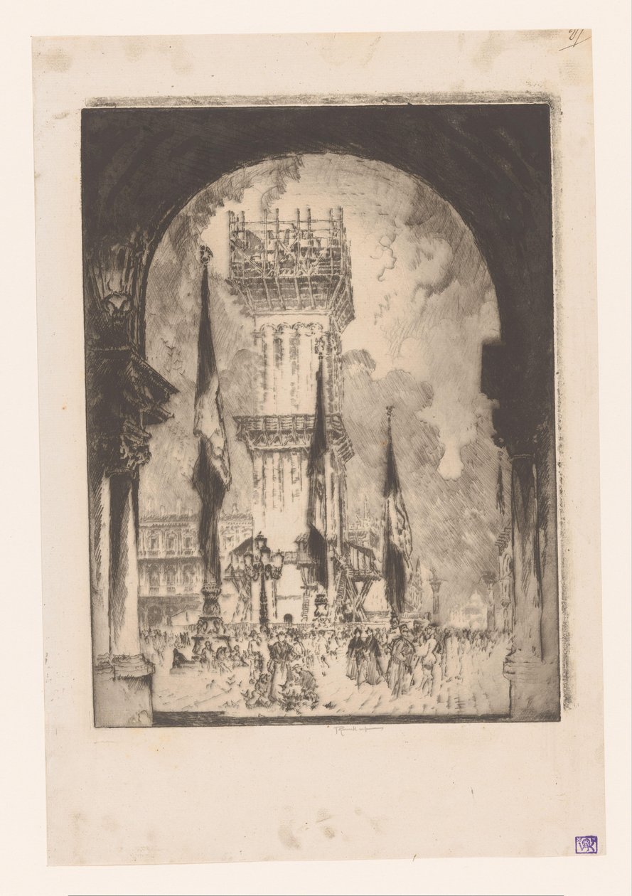Venetsian Campanile rakenteilla Campanilen uudelleenrakentaminen, nro. minä tekijältä Joseph Pennell (signed by artist)