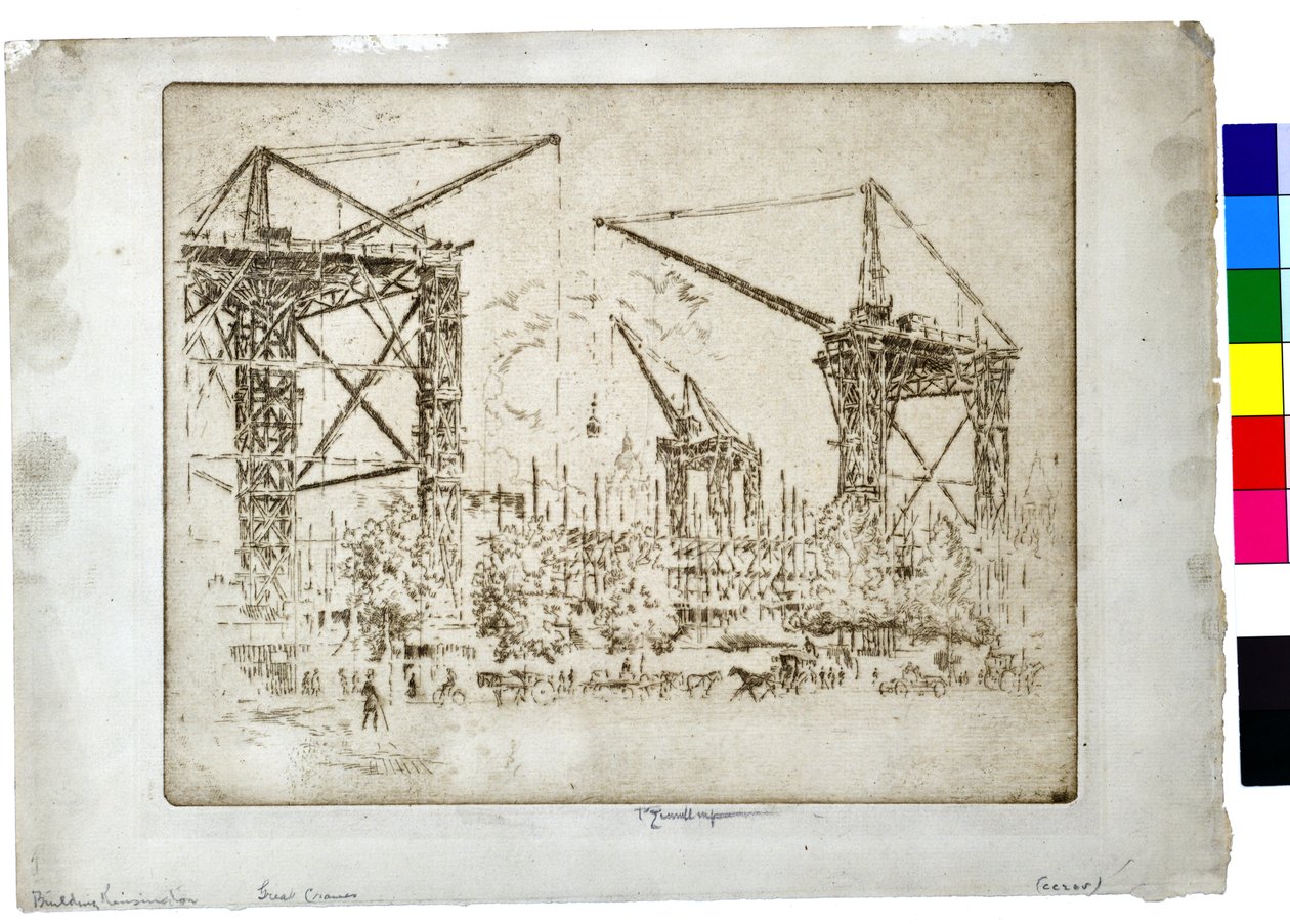 Rakennus Kensingtonin suuret kurjet, noin 1905 (etsaus paperille). tekijältä Joseph Pennell