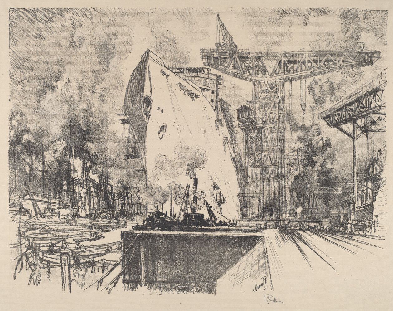 Bismarckin rakentaminen, Hampuri, 1914. tekijältä Joseph Pennell