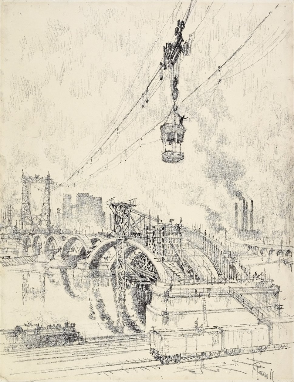 Sillan rakentaminen, Minneapolis, 1915 tekijältä Joseph Pennell