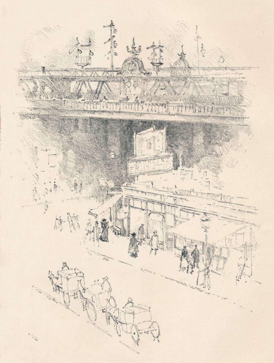 Villiers Streetin kulma, Charing Cross, 1896 tekijältä Joseph Pennell