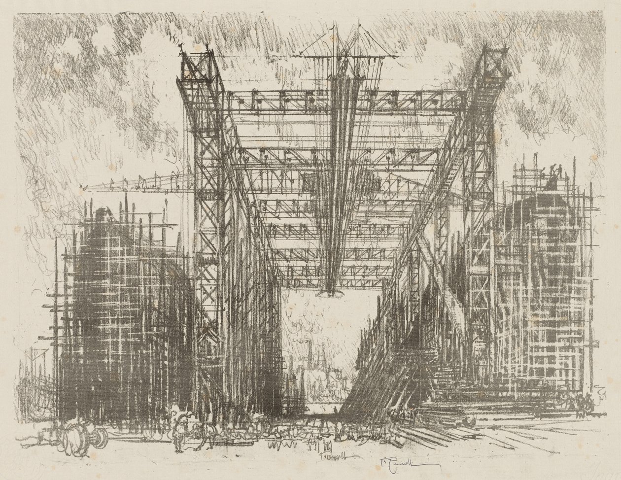 Englannin sotatyö: The Gantry (kauppiastelakka) tekijältä Joseph Pennell