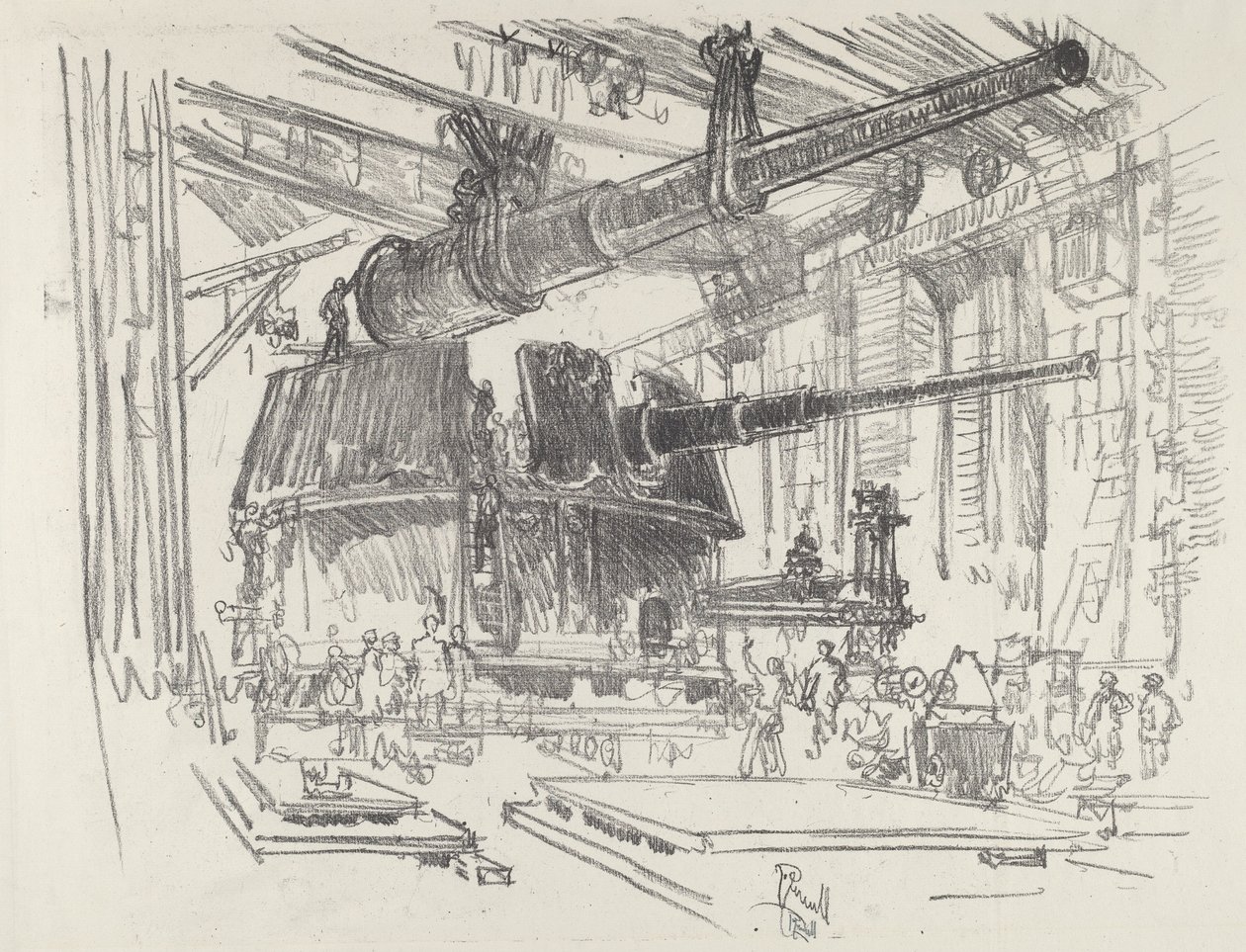 Aseiden sovittaminen torneineen, 1916. tekijältä Joseph Pennell