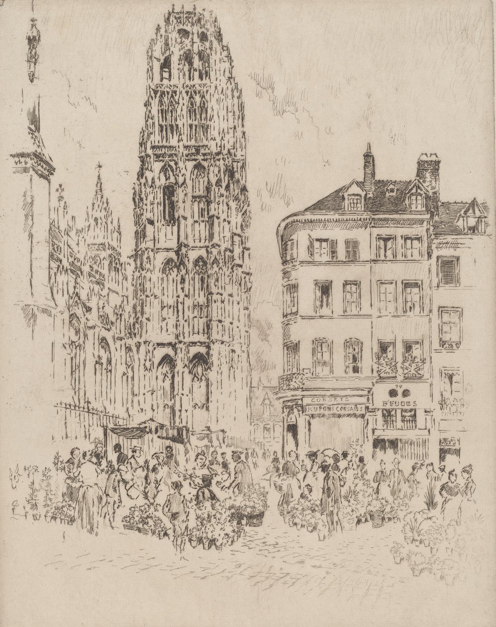 Kukkatori ja voitorni, Rouen, 1907. tekijältä Joseph Pennell