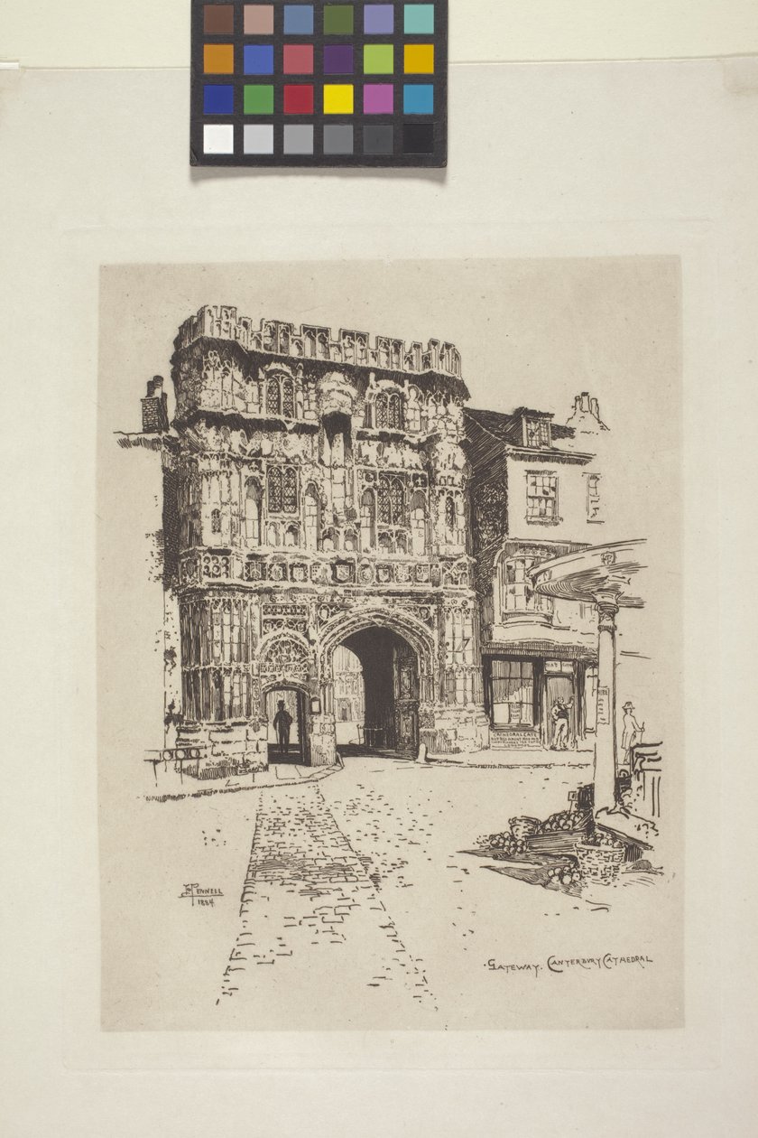 Gateway, Catedral de Canterbury (gravura em papel da Índia, chine collé) finlandês tekijältä Joseph Pennell