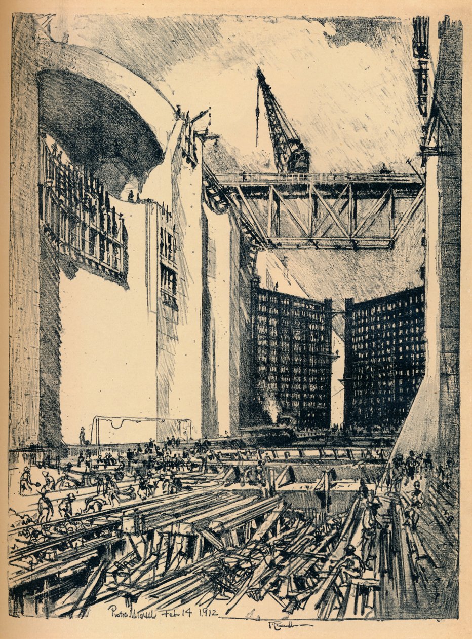 Pedro Miguel Lockin lattian laskeminen, 1912 tekijältä Joseph Pennell