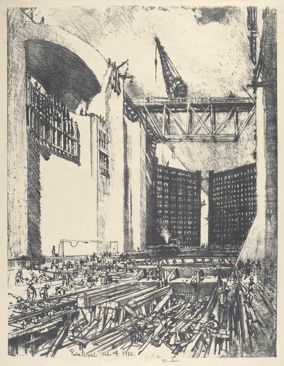 Pedro Muguelin lukon lattian laskeminen, 1912. tekijältä Joseph Pennell