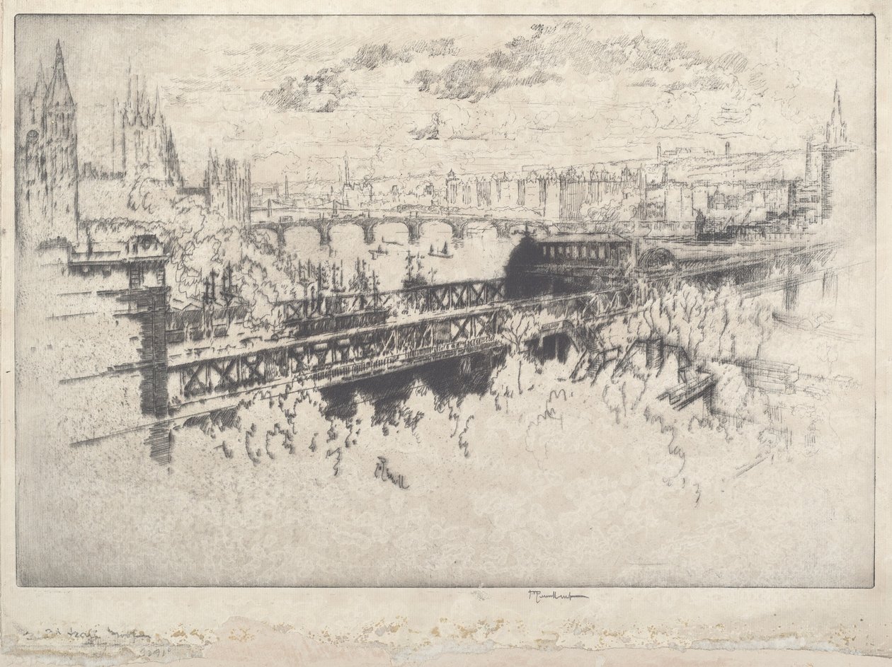 Lontoo Charing Cross Bridgen yli tekijältä Joseph Pennell