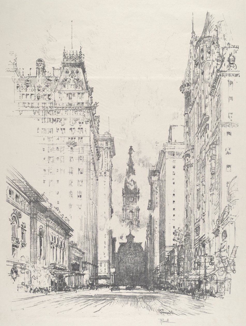 Katse ylös Broad Streetille Spruce Streetiltä, 1912. tekijältä Joseph Pennell