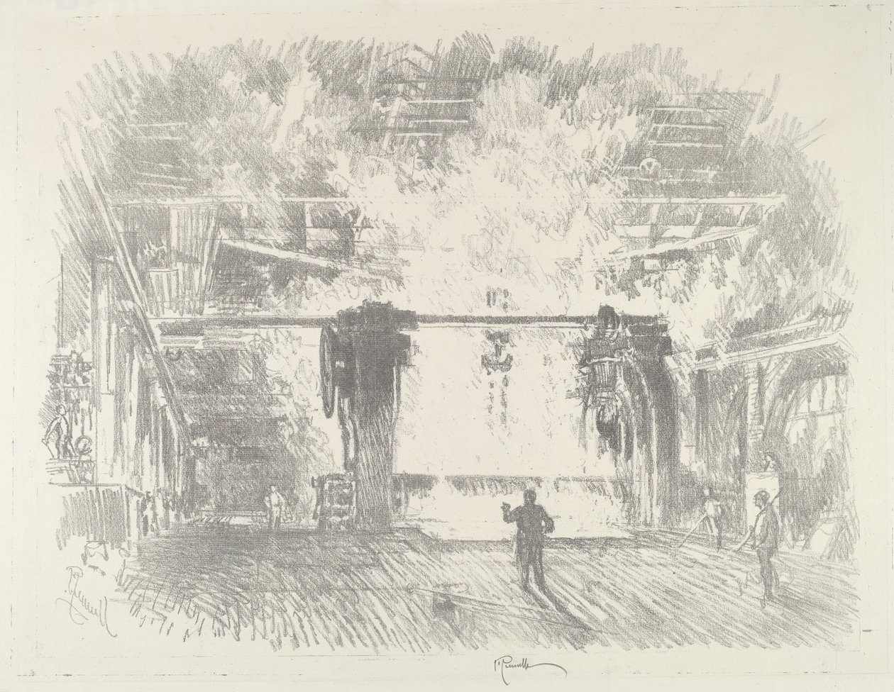 Panssarilevyn valmistus, 1916. tekijältä Joseph Pennell