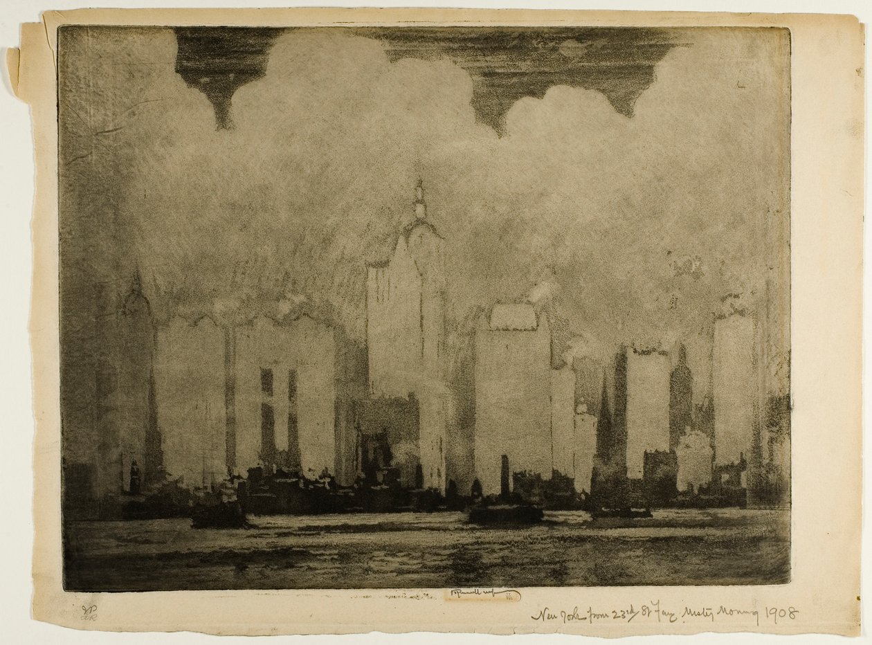 N.Y. 23rd St. Ferry-In the Mist of a Morning (N.Y. 23rd St. Ferry - aamun sumussa) tekijältä Joseph Pennell