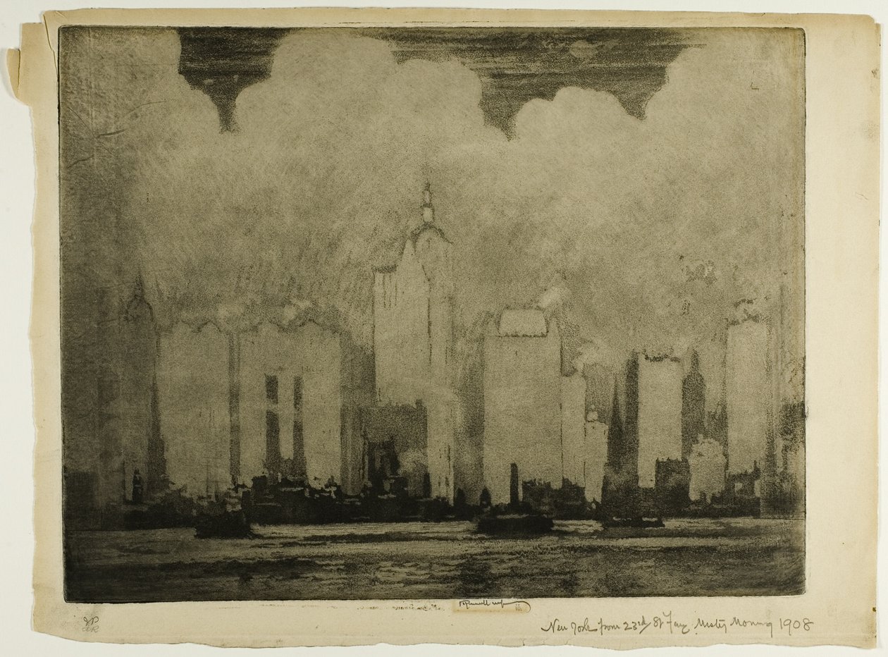 N.Y. 23rd St. Ferry-In the Mist of a Morning (N.Y. 23rd St. Ferry - aamun sumussa) tekijältä Joseph Pennell