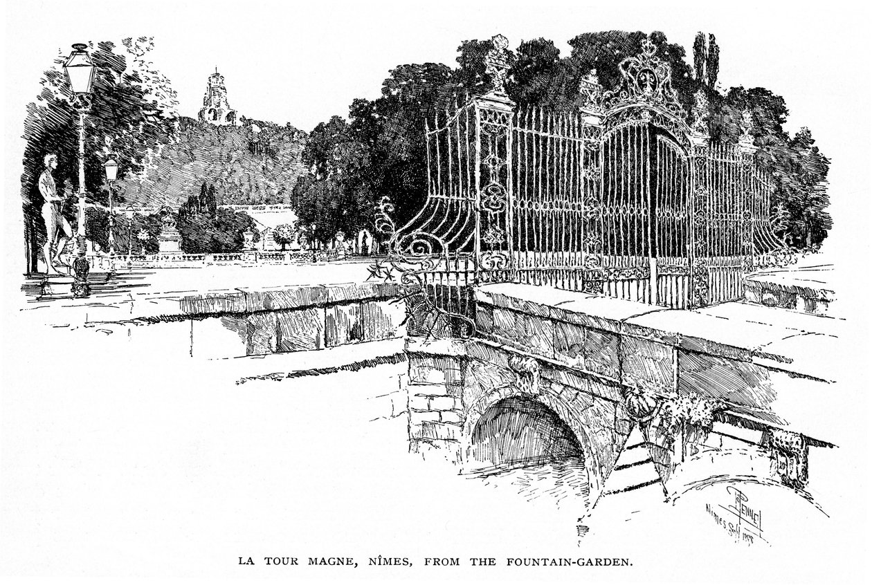 Nimes (Gard, Languedoc): Magne-torni Fontaine-puutarhasta nähtynä vuonna 1888(kaiverrus). tekijältä Joseph Pennell