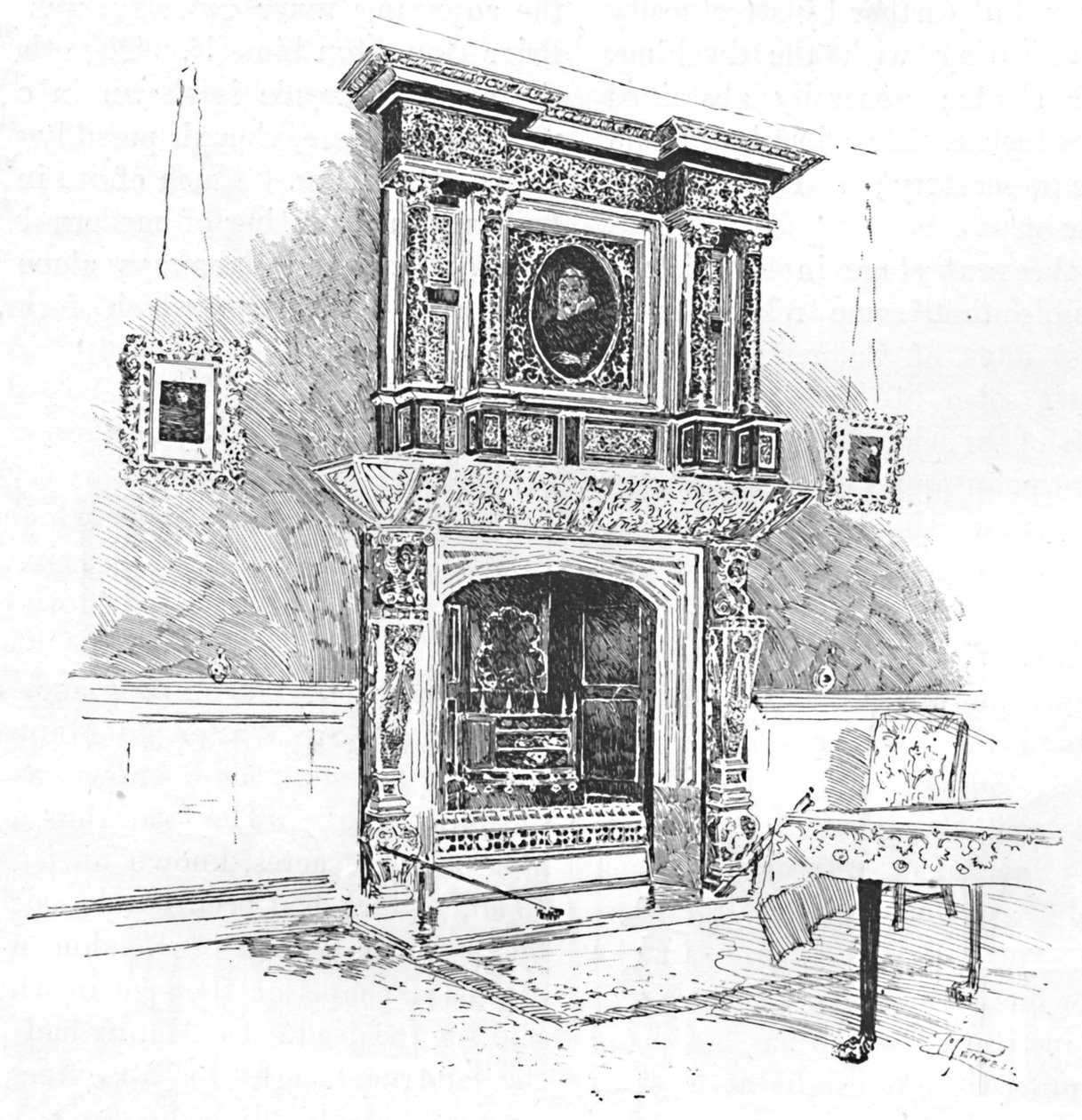 Old Charterhouse: Mantelpiece in the Masters Lodge, 1886 tekijältä Joseph Pennell
