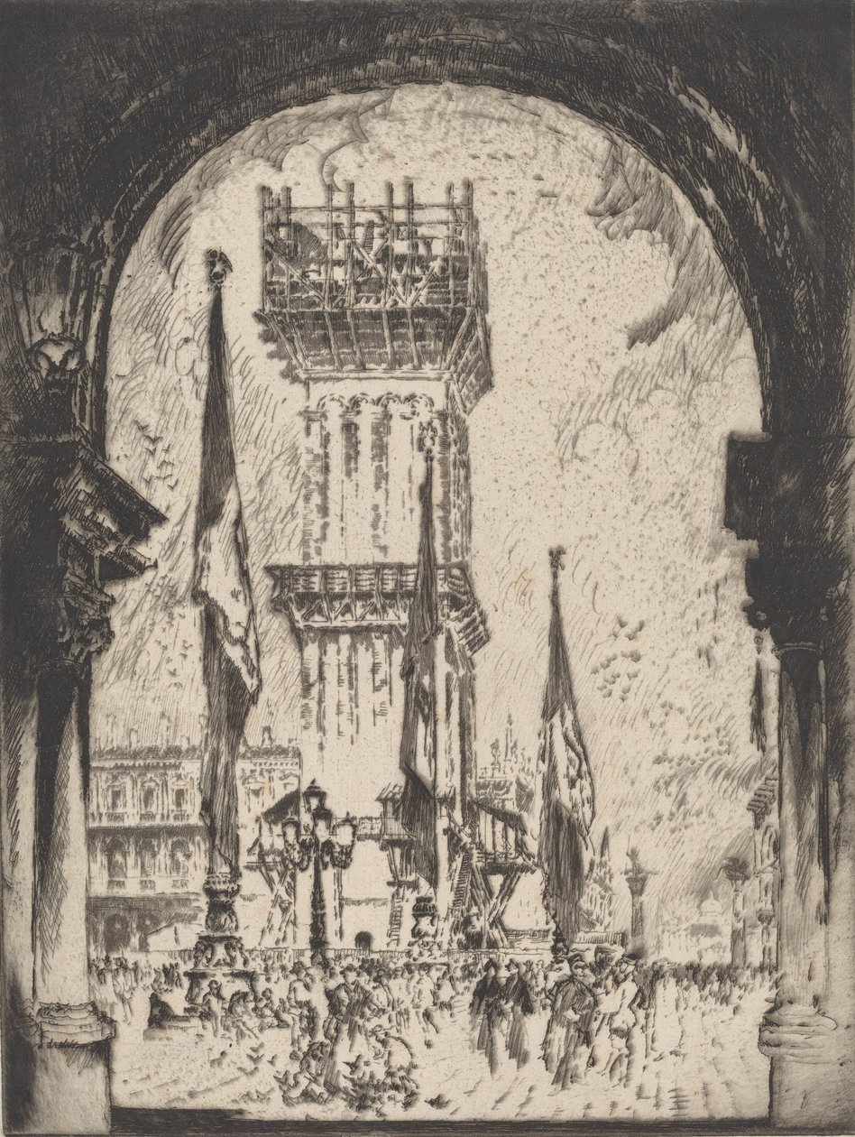 Campanilen jälleenrakennus, Venetsia, nro I, 1911. tekijältä Joseph Pennell