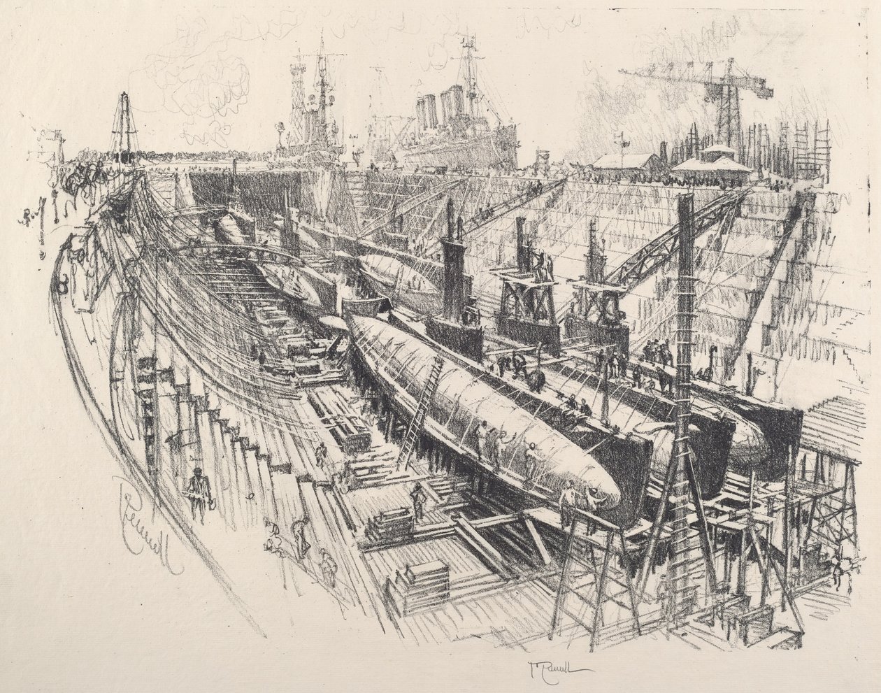 Sukellusveneet Dry Dockissa, 1917. tekijältä Joseph Pennell