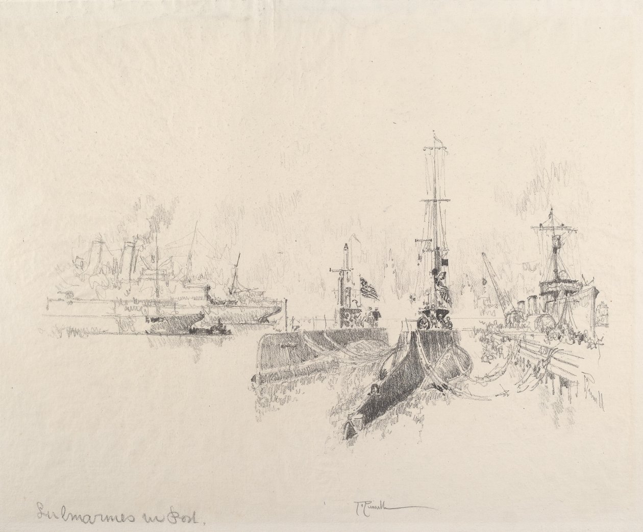 Sukellusveneet Portissa, 1917. tekijältä Joseph Pennell