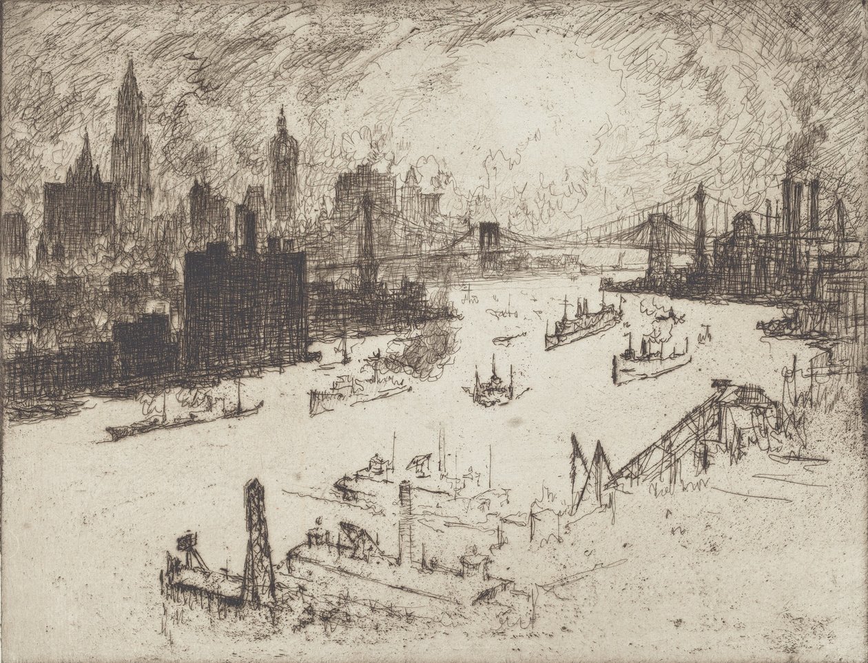 Auringonlasku Williamsburg Bridgeltä, 1915. tekijältä Joseph Pennell