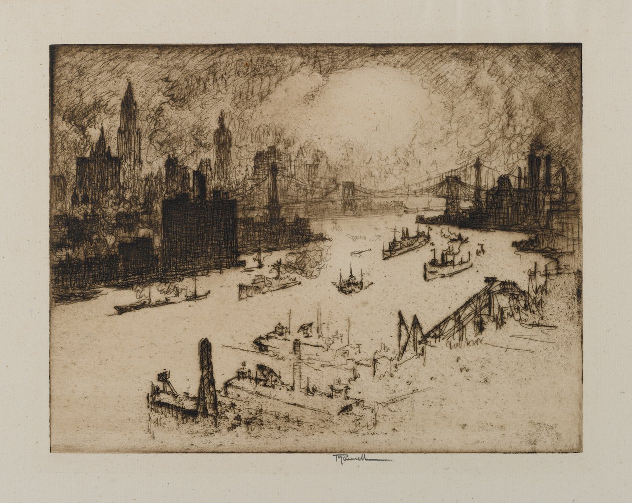 Auringonlasku Williamsburg Bridgeltä, 1915 tekijältä Joseph Pennell