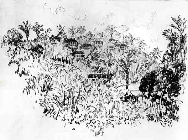 The American Village, levy X Panaman kanavasta, kirjoittanut Joseph Pennell, 1912 (hiili paperilla) tekijältä Joseph Pennell