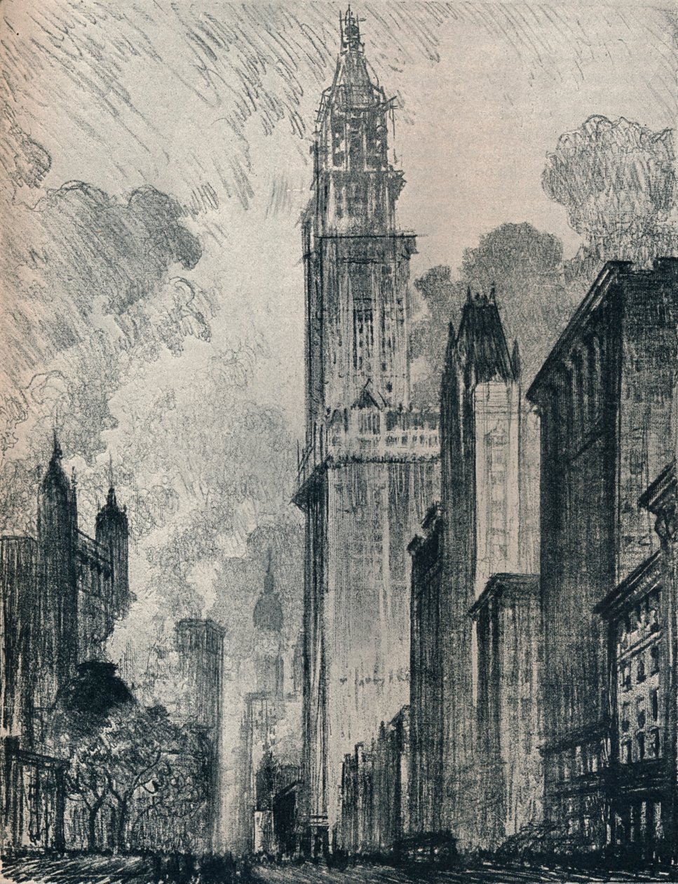 Broadway ja Woolworth Building, New York, 1912 tekijältä Joseph Pennell