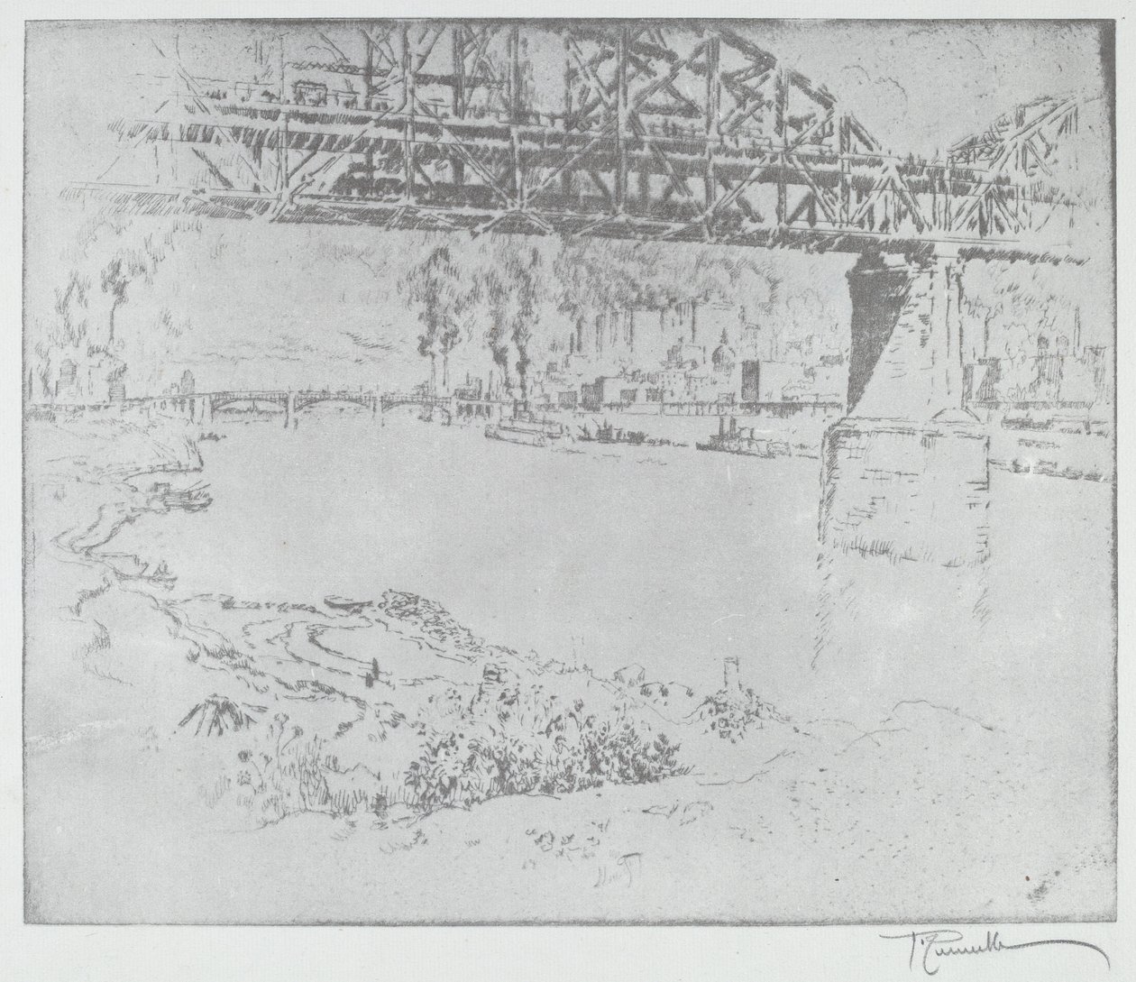City Bridge, St. Louis [alhaalla] vuonna 1919 tai sen jälkeen. tekijältä Joseph Pennell