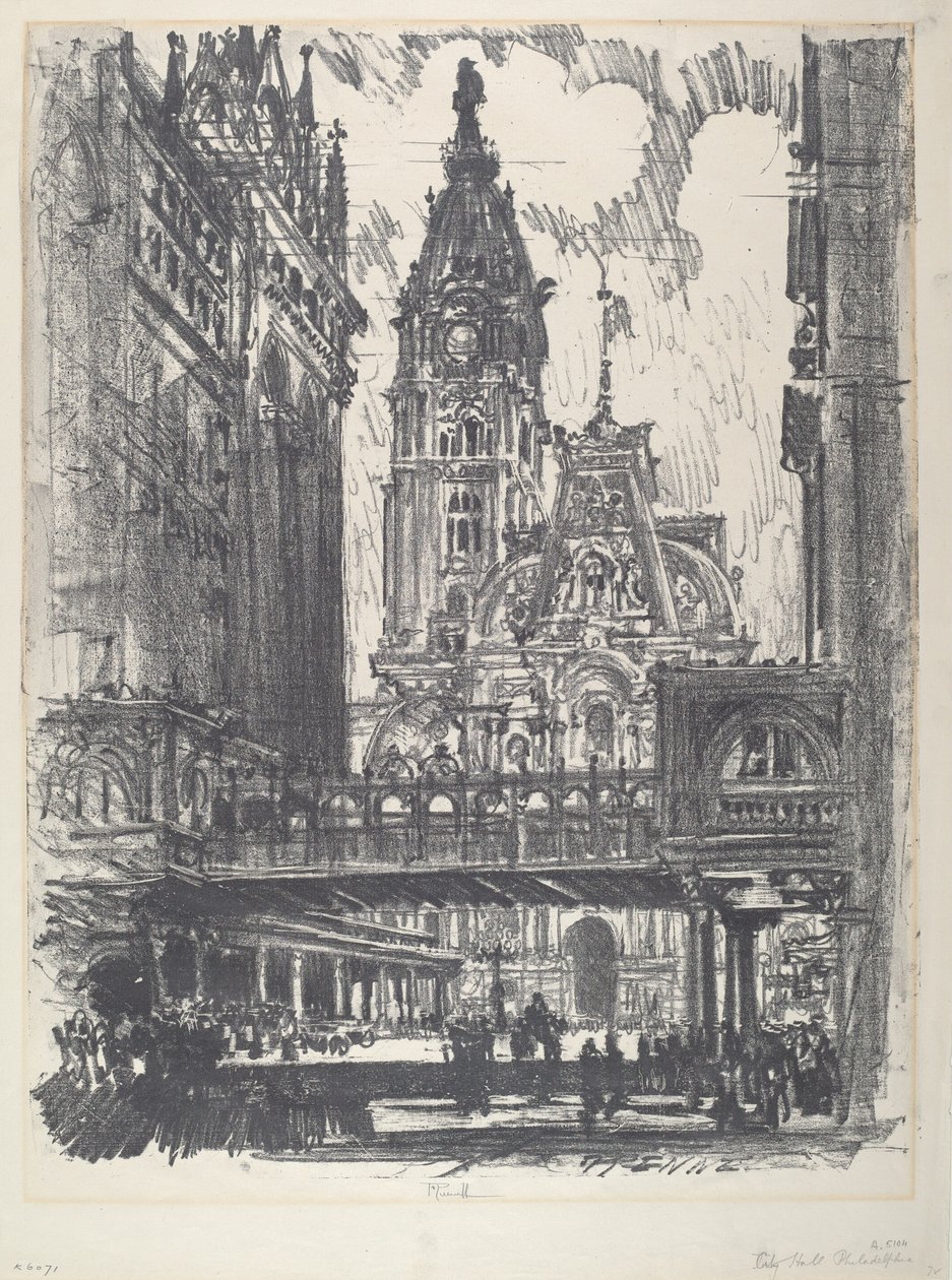 Kaupungintalo ja silta Market Streetin yli, 1912. tekijältä Joseph Pennell