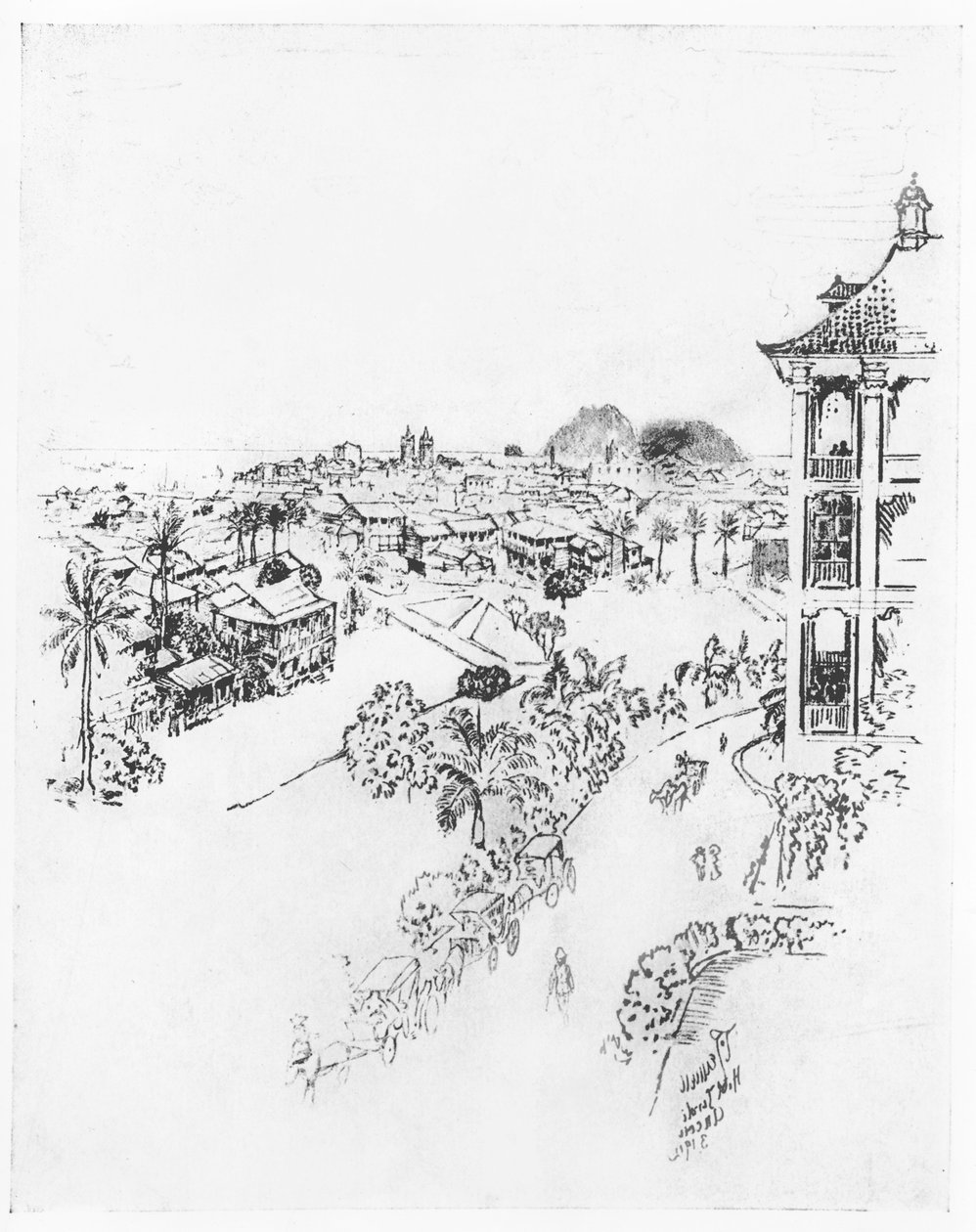 Panaman kaupunki Anconin Tivoli-hotellista, Joseph Pennellin teoksesta Panama Canal, 1912 (hiili paperilla) tekijältä Joseph Pennell
