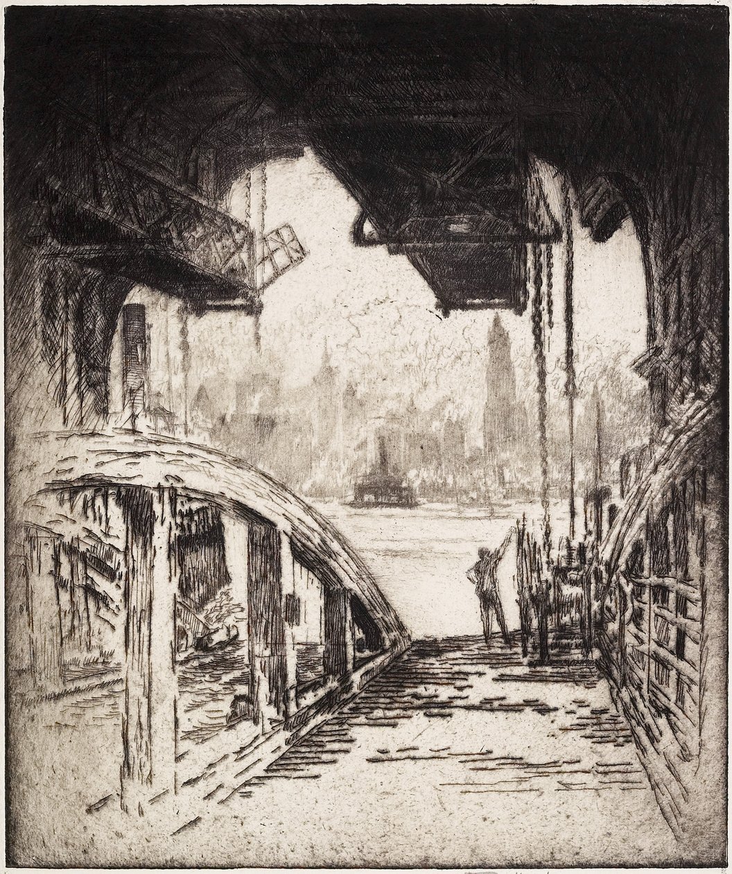 Lauttatalo; Cortland Streetin lautta Jersey Cityn puolelta, 1919 tekijältä Joseph Pennell