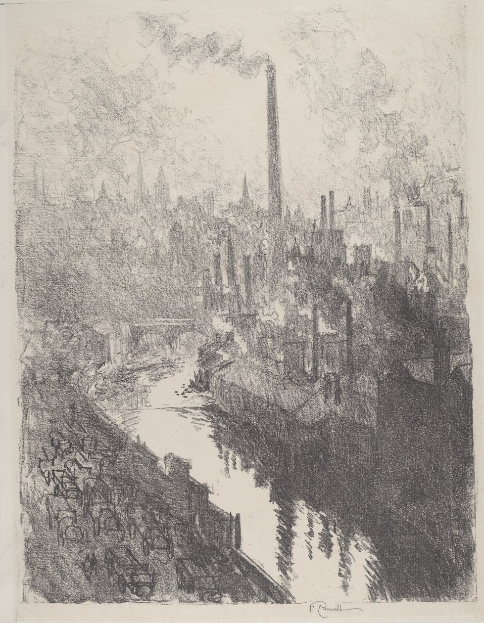 Suuri savupiippu, moottoripuisto, 1916. tekijältä Joseph Pennell
