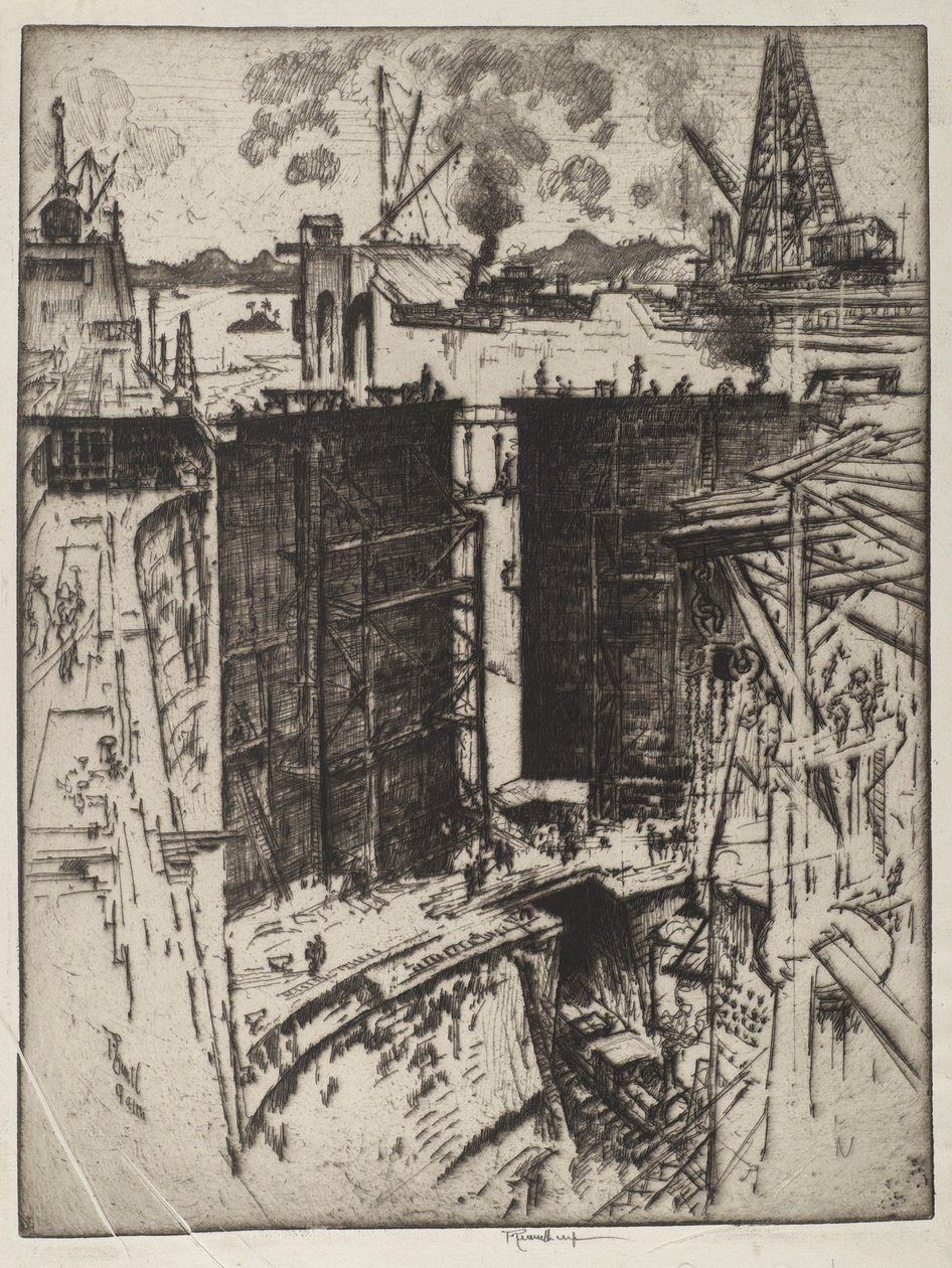 Guard Gate, Gatun Lock, Panama, 1912 (etsaus paperille) tekijältä Joseph Pennell