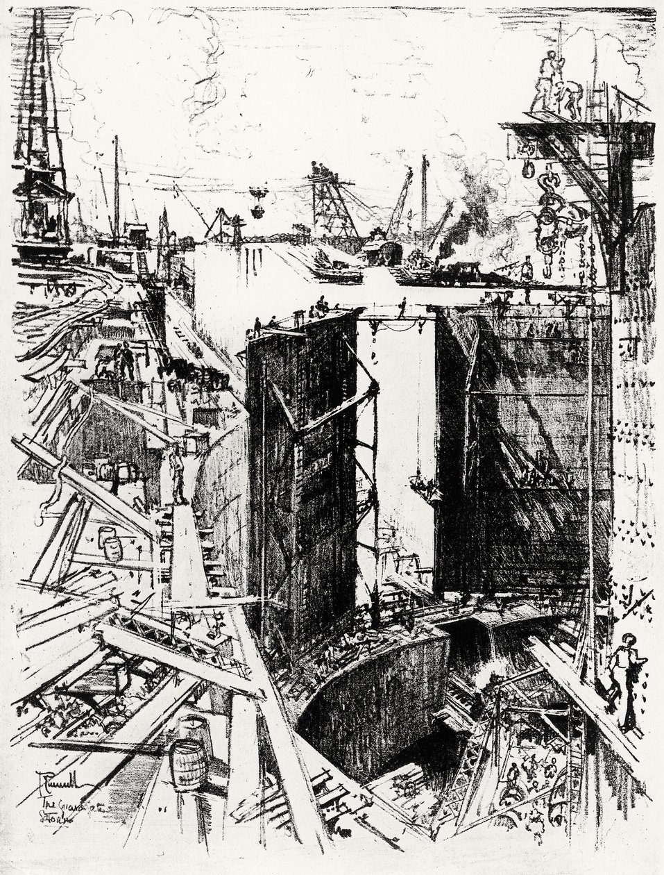 Guard Gate at Gatun, levy V Panaman kanavasta, kirjoittanut Joseph Pennell, 1912 (hiili paperilla) tekijältä Joseph Pennell