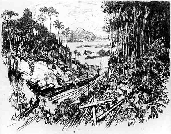 The Jungle: The Old Railway, levy VIII Panaman kanavasta, kirjoittanut Joseph Pennell, 1912 (hiili paperilla) tekijältä Joseph Pennell