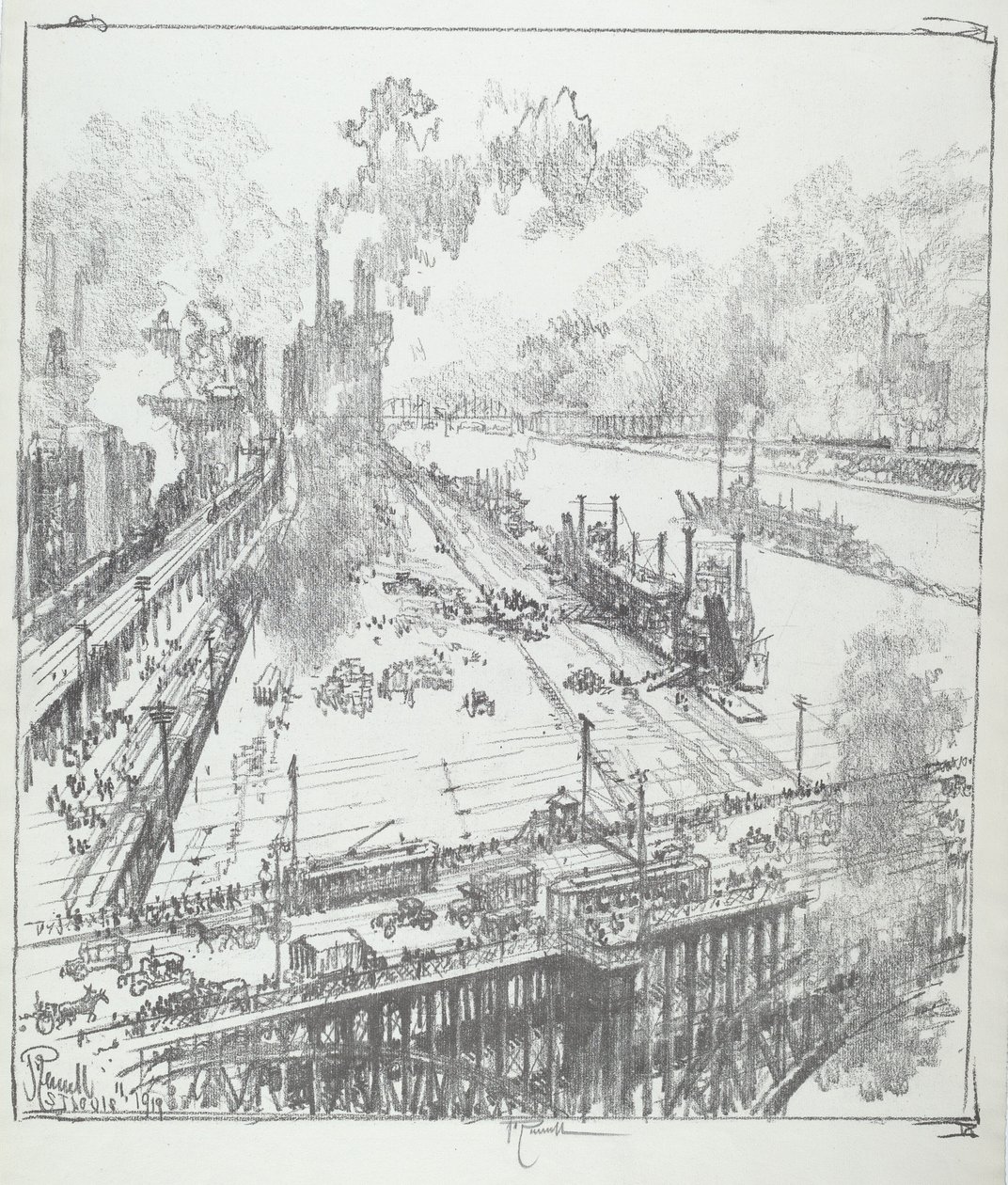 The Levee Eads Bridgeltä, St. Louis, 1919. tekijältä Joseph Pennell