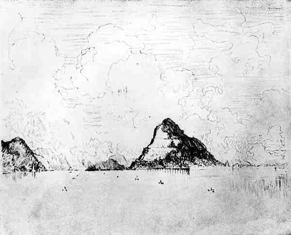 The Mouth of the Canal from the Sea, levy XXVIII Panaman kanavasta, kirjoittanut Joseph Pennell, 1912 (hiili paperilla) tekijältä Joseph Pennell