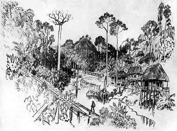 Native Village, levy IX Panaman kanavasta, kirjoittanut Joseph Pennell, 1912 (hiili paperilla) tekijältä Joseph Pennell