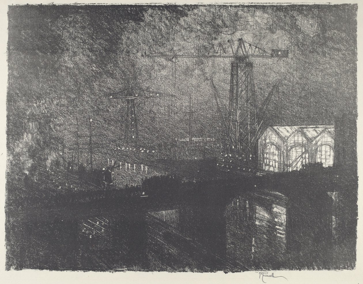 Kaupat yöllä, Vaihtuvat työvuorot, 1916. tekijältä Joseph Pennell