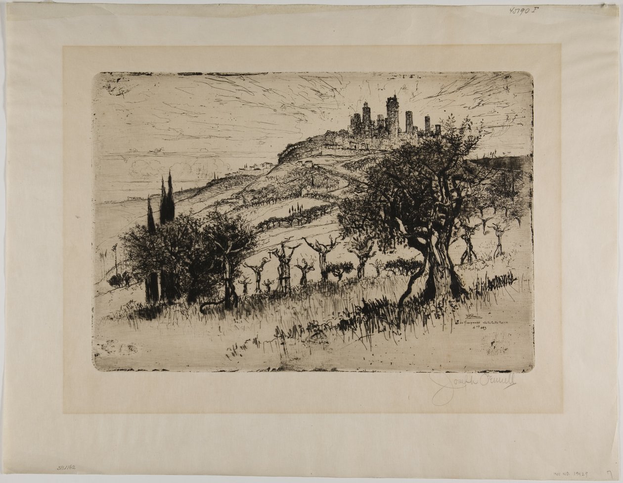 San Gimignanon tornit muurien ulkopuolella tekijältä Joseph Pennell