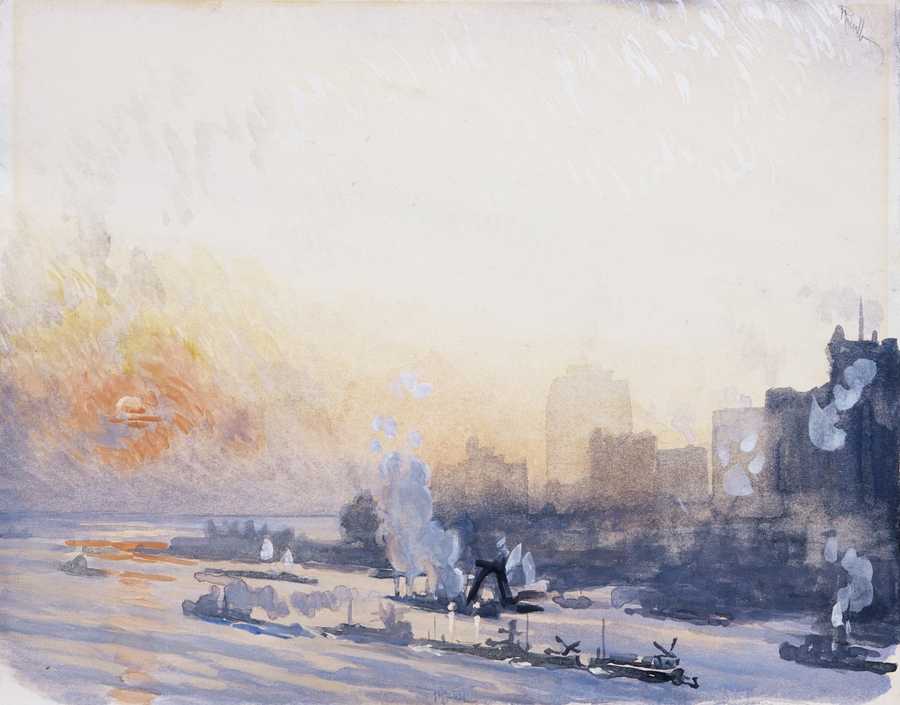 Talvinen auringonlasku, New Yorkin satama tekijältä Joseph Pennell