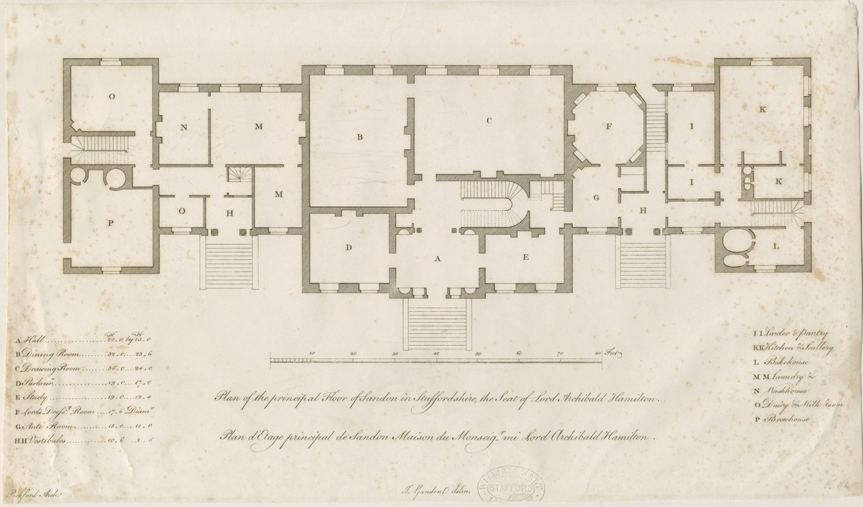 Sandon Hall - Pääkerroksen pohjapiirros: kaiverrus, nd [1769-1771] (painettu) tekijältä Joseph Pickford