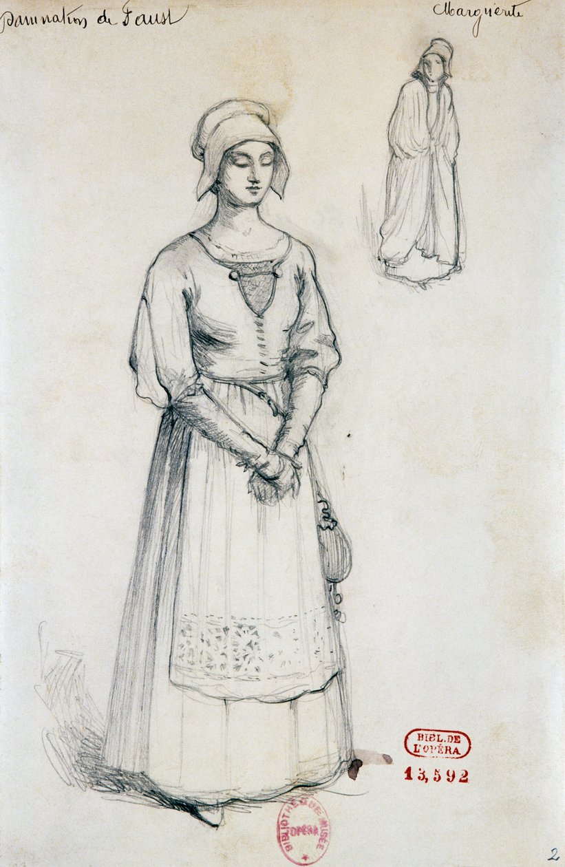 Hector Berliozin Faustin kadotus -teoksen Margaretin hahmon puku, Joseph Porphyre Pinchonin (1871-1953) luonnos. tekijältä Joseph Porphyre Pinchon