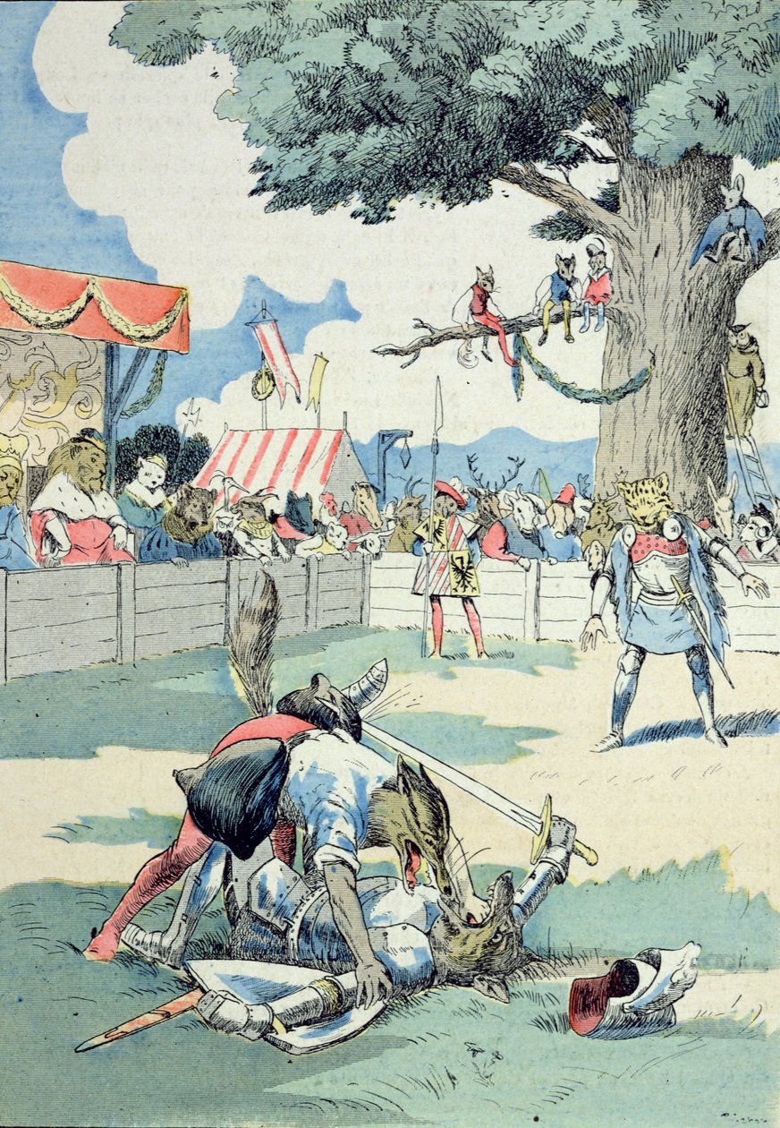 Renardin ja Ysengrinin välinen taistelu, G. Le Cordierin teoksesta "Mestari Renardin seikkailut", noin 1900 (värilitro). tekijältä Joseph Porphyre Pinchon