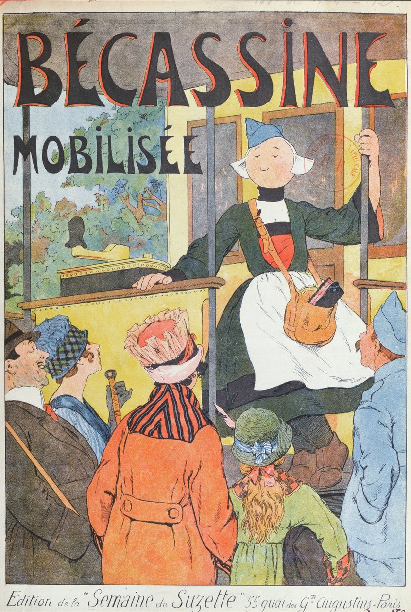 Becassinen lähtö, "Becassine Mobilisee" -lehden kansi "la Semaine de la Suzette" -lehdestä, n. 1914 (värilitro). tekijältä Joseph Porphyre Pinchon