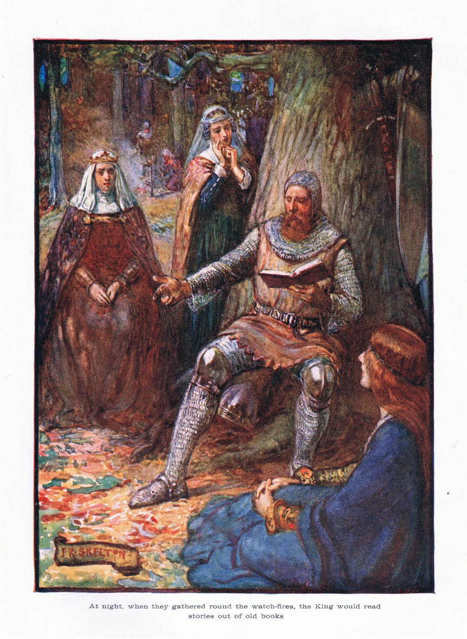 Kun he kokoontuivat yöllä vartiotuliin, kuningas luki tarinoita vanhoista kirjoista., 1910 tekijältä Joseph Ratcliffe Skelton