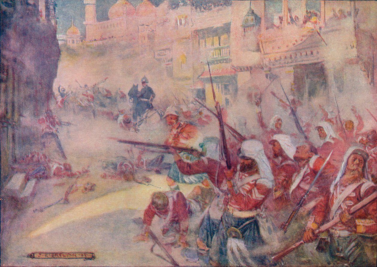 Brittiläisten sotilaiden nähtiin taistelevan tiellään kaduilla, 1908, n. 1920. tekijältä Joseph Ratcliffe Skelton