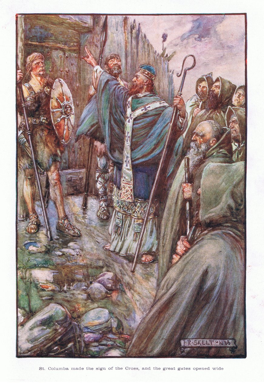 Pyhä Columba teki ristinmerkin, ja suuret portit avautuivat auki, 1910. tekijältä Joseph Ratcliffe Skelton